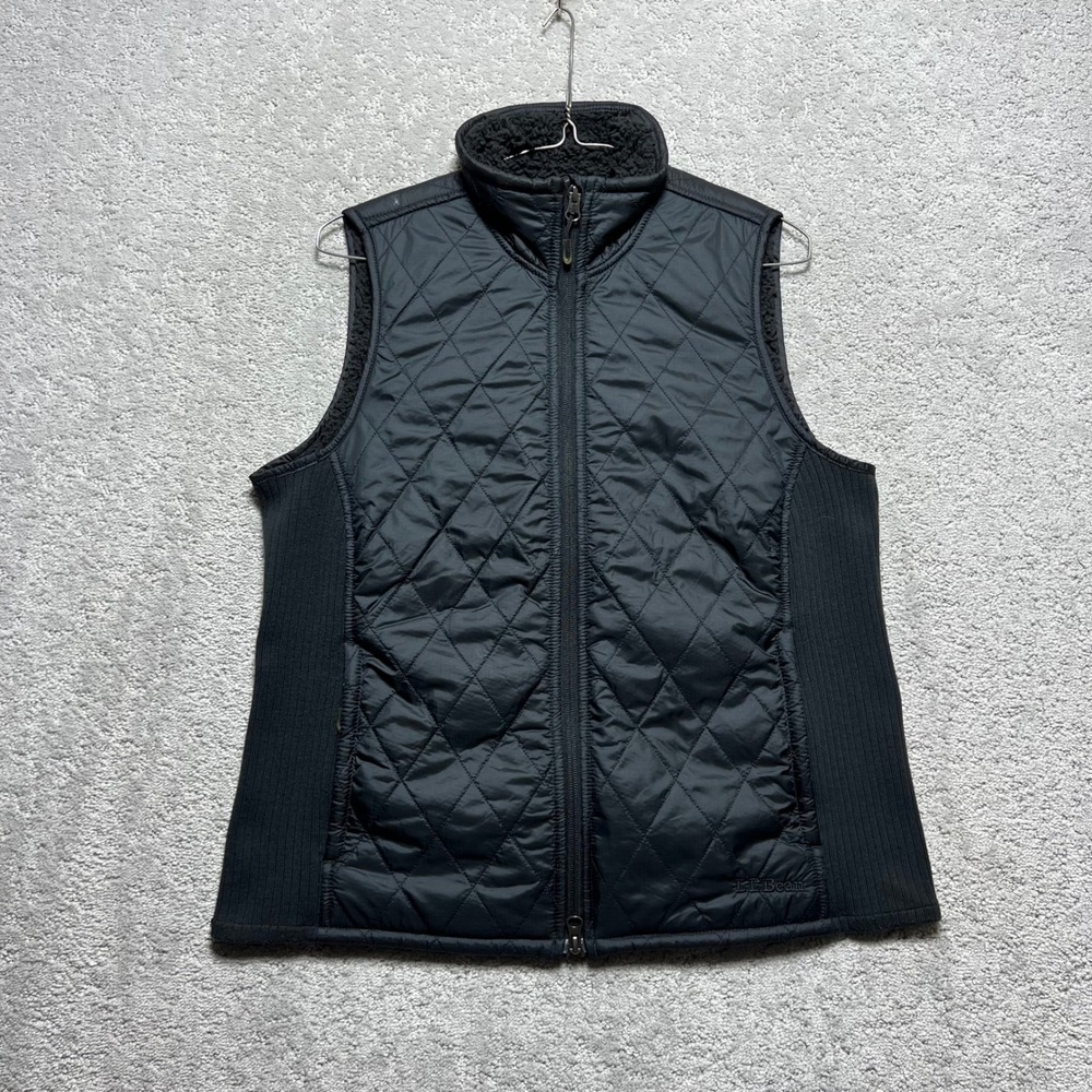 LL Bean Vest Womens Medium Petite Black Quilted Sherpa Lined Puffer Lightweight